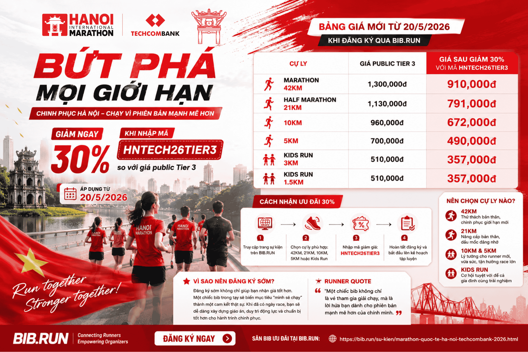 Giá bib Techcombank Hà Nội Marathon 2026 giảm 30% trên BIB.RUN